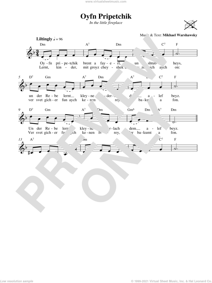 Oyfn Pripetchik (On The Fireplace) sheet music for voice and other instruments (fake book) by Mikhael Warshawsky, intermediate skill level