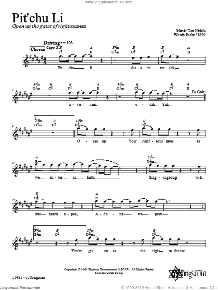 Pit'chu Li sheet music for voice and other instruments (fake book) by Dan Nichols, intermediate skill level
