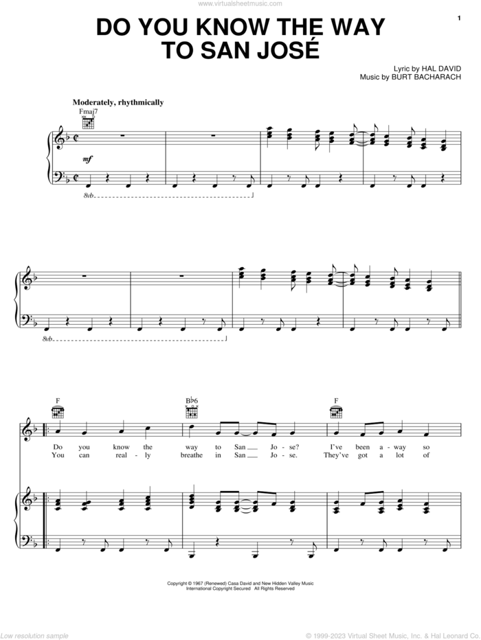 Do You Know The Way To San Jose sheet music for voice, piano or guitar by Dionne Warwick, Bacharach & David, Burt Bacharach and Hal David, intermediate skill level