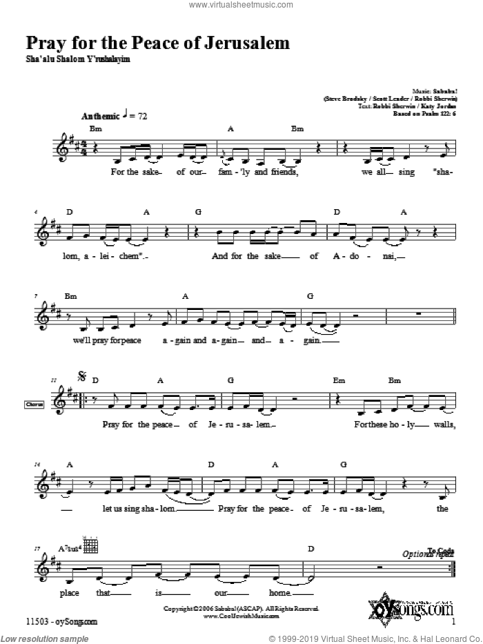 Pray for the Peace of Jerusalem sheet music for voice and other instruments (fake book) by Sababa, intermediate skill level