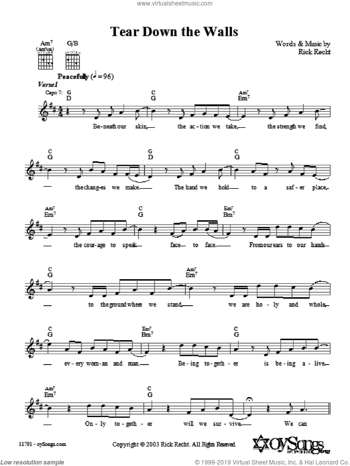 Tear Down the Walls sheet music for voice and other instruments (fake book) by Rick Recht, intermediate skill level