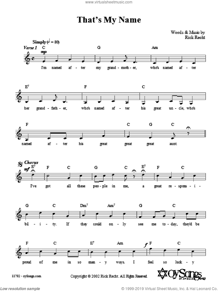 That's My Name sheet music for voice and other instruments (fake book) by Rick Recht, intermediate skill level