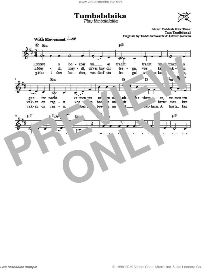 Tumbalalaika (Play The Balalaika) sheet music for voice and other instruments (fake book) by Teddi Schwartz and Arthur Kevess, intermediate skill level