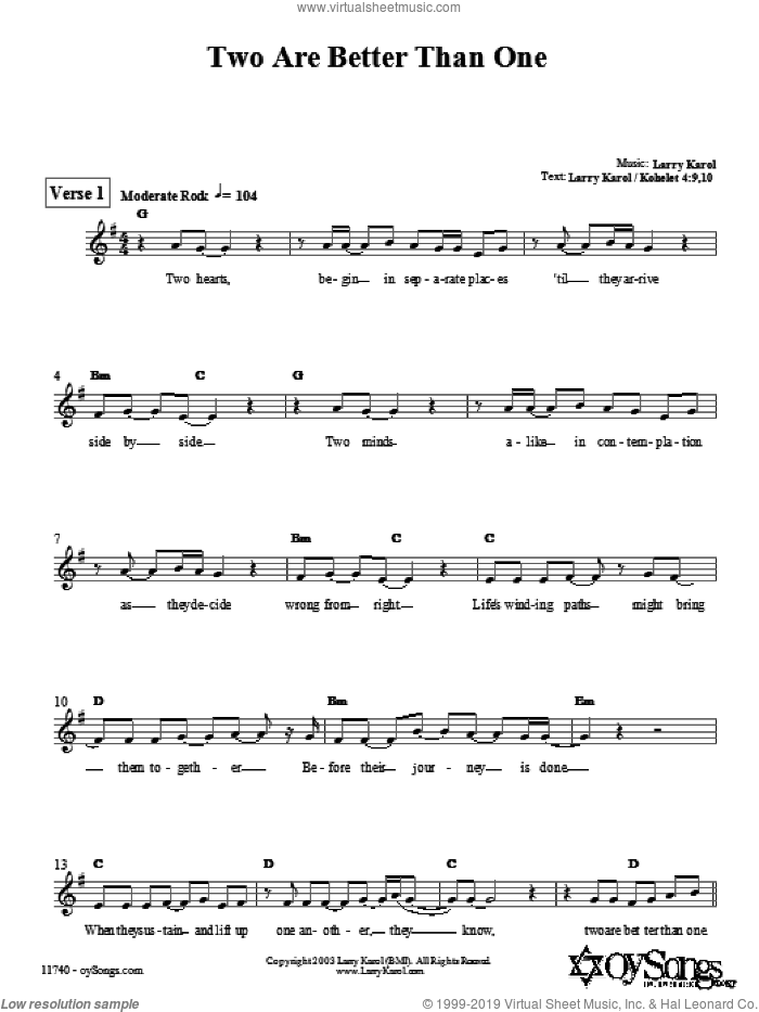 Two are Better Than One sheet music for voice and other instruments (fake book) by Larry Karol, intermediate skill level