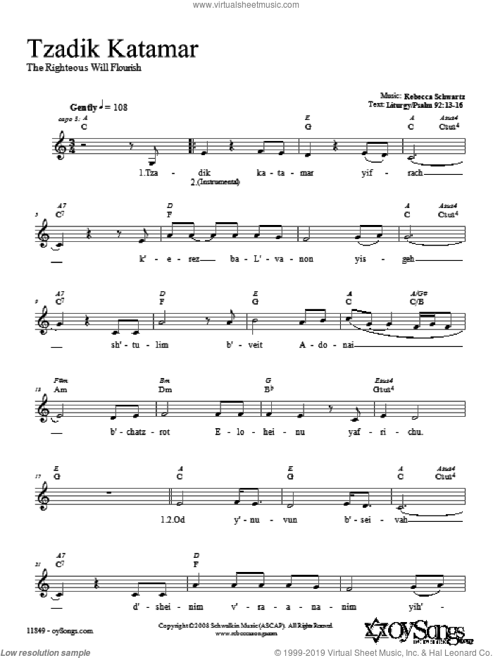 Tzadik Katamar sheet music for voice and other instruments (fake book) by Rebecca Schwartz, intermediate skill level