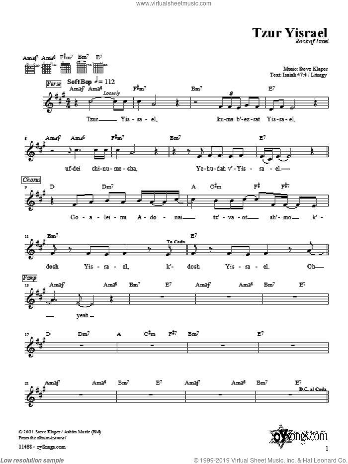 Tzur Yisrael sheet music for voice and other instruments (fake book) by Steve Klaper, intermediate skill level