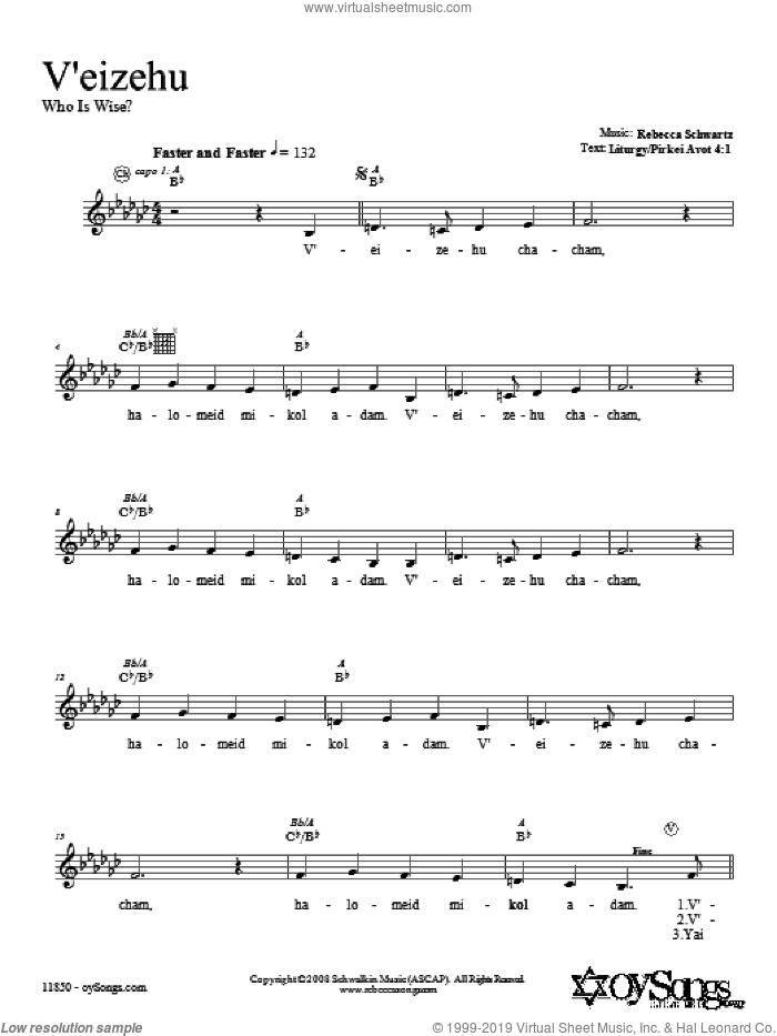 V'eizehu sheet music for voice and other instruments (fake book) by Rebecca Schwartz, intermediate skill level