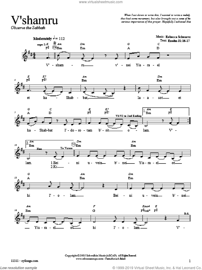 V'sham'ru sheet music for voice and other instruments (fake book) by Rebecca Schwartz, intermediate skill level