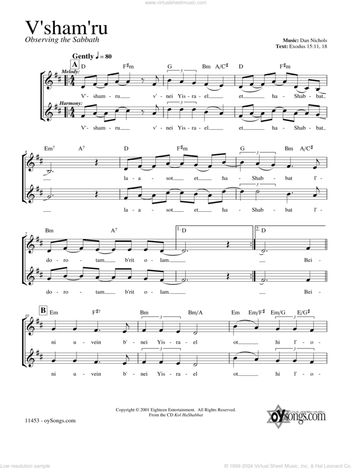 V'shamru sheet music for voice and other instruments (fake book) by Dan Nichols, intermediate skill level