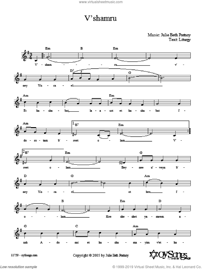 V'shamru sheet music for voice and other instruments (fake book) by Julie Beth Portnoy, intermediate skill level