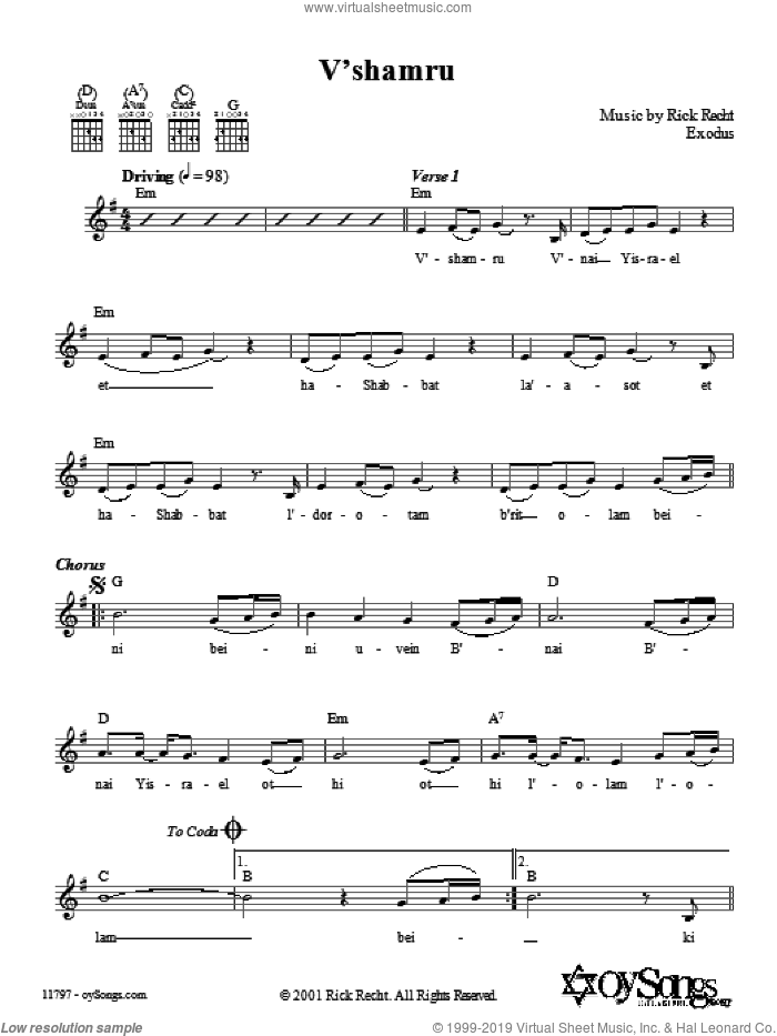 V'shamru sheet music for voice and other instruments (fake book) by Rick Recht, intermediate skill level