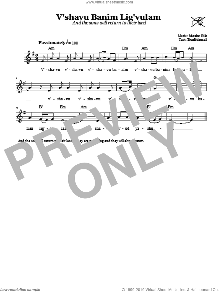 V'shavu Banim Lig'vulam (And The Sons Will Return To Their Land) sheet music for voice and other instruments (fake book) by Moshe Bik, intermediate skill level