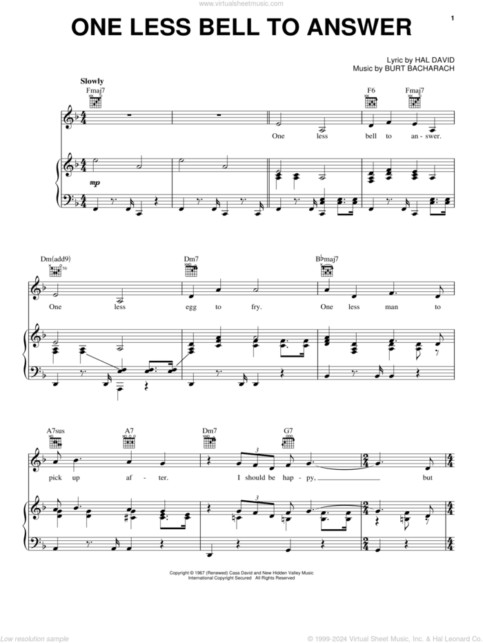 One Less Bell To Answer sheet music for voice, piano or guitar by Bacharach & David, Miscellaneous, The Fifth Dimension, Burt Bacharach and Hal David, intermediate skill level