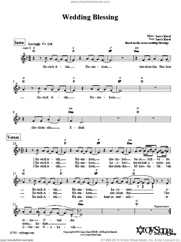 Wedding Blessing sheet music for voice and other instruments (fake book) by Larry Karol, intermediate skill level