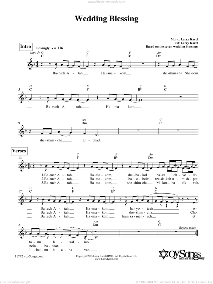 Wedding Blessing sheet music for voice and other instruments (fake book) by Larry Karol, intermediate skill level