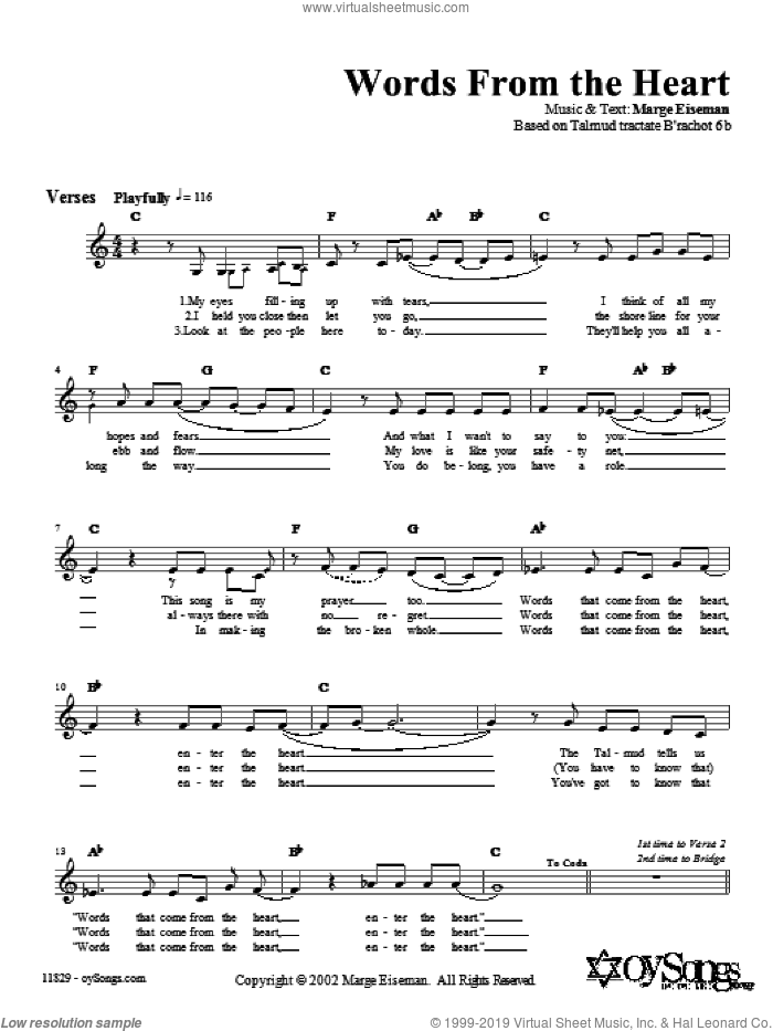 Words from the Heart sheet music for voice and other instruments (fake book) by Marge Eiseman, intermediate skill level
