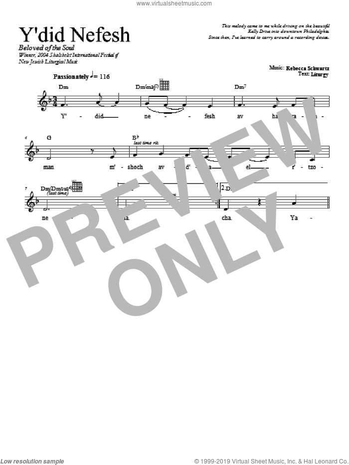 Y'did Nefesh sheet music for voice and other instruments (fake book) by Rebecca Schwartz, intermediate skill level