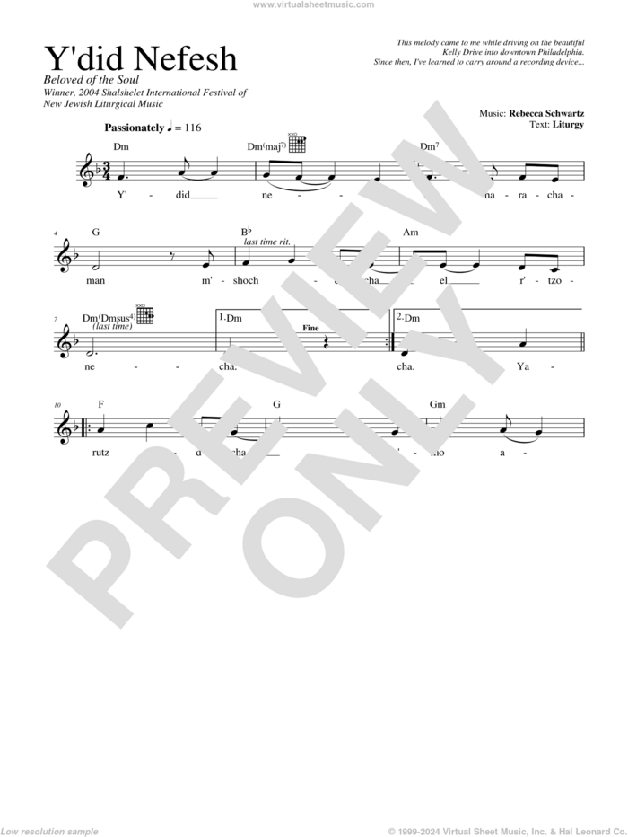 Y'did Nefesh sheet music for voice and other instruments (fake book) by Rebecca Schwartz, intermediate skill level