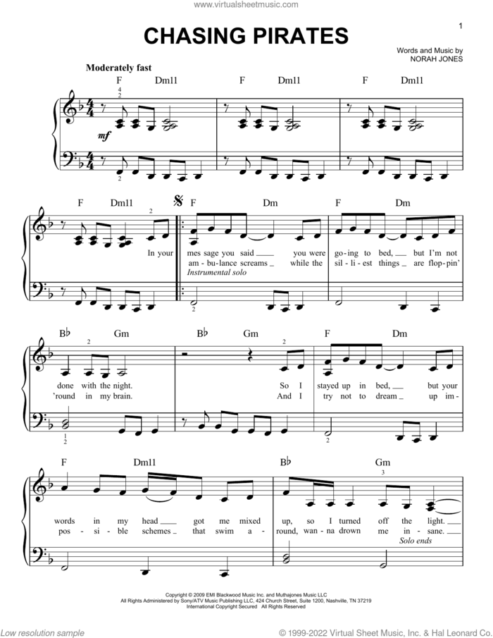 Chasing Pirates sheet music for piano solo by Norah Jones, easy skill level