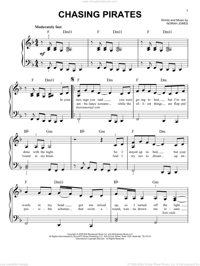 Chasing Pirates sheet music for piano solo by Norah Jones, easy skill level