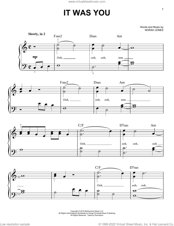 It Was You sheet music for piano solo by Norah Jones, easy skill level