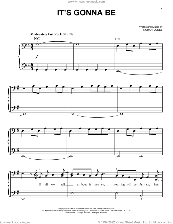 It's Gonna Be sheet music for piano solo by Norah Jones, easy skill level