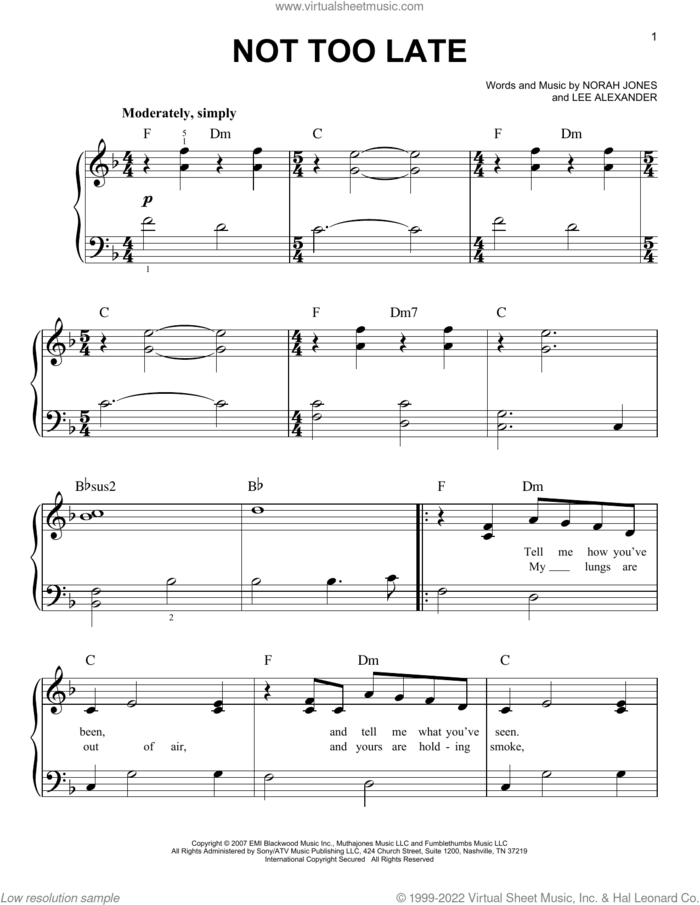 Not Too Late sheet music for piano solo by Norah Jones and Lee Alexander, easy skill level