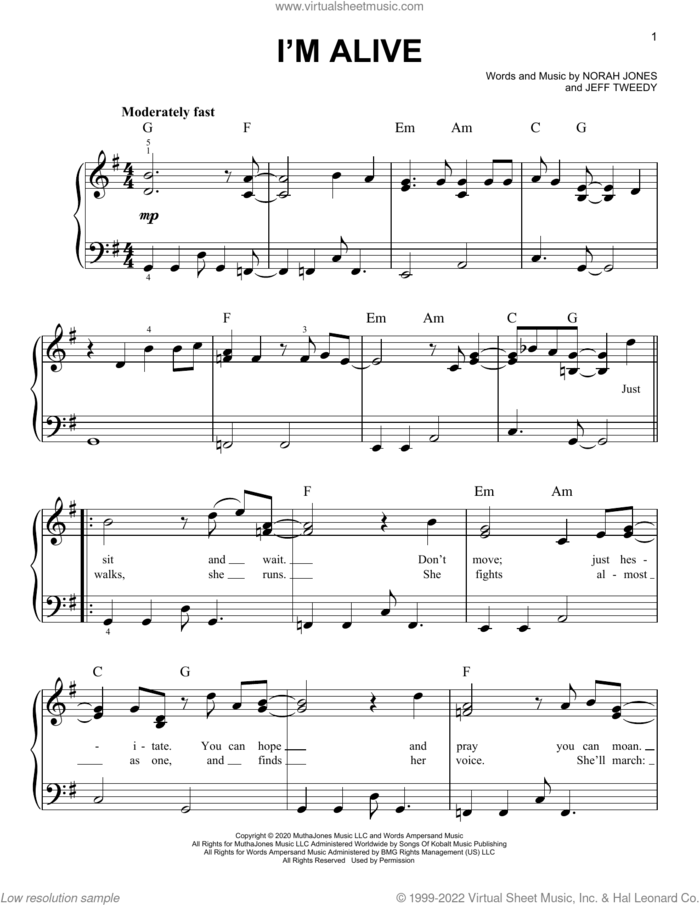 I'm Alive sheet music for piano solo by Norah Jones and Jeff Tweedy, easy skill level