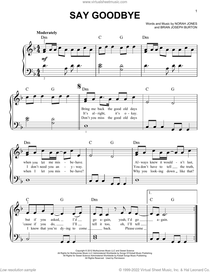 Say Goodbye sheet music for piano solo by Norah Jones and Brian Joseph Burton, easy skill level