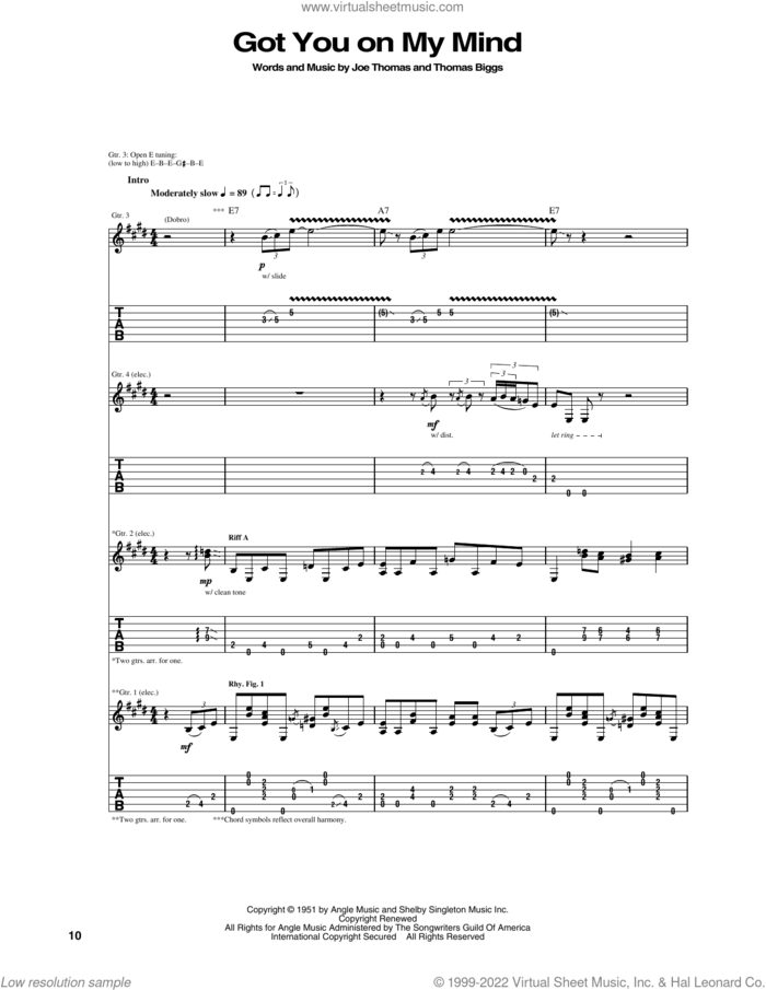 Got You On My Mind sheet music for guitar (tablature) by Eric Clapton, Joe Thomas and Thomas Biggs, intermediate skill level