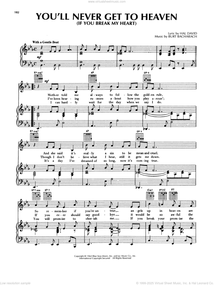 You'll Never Get To Heaven (If You Break My Heart) sheet music for voice, piano or guitar by Bacharach & David, Burt Bacharach and Hal David, intermediate skill level