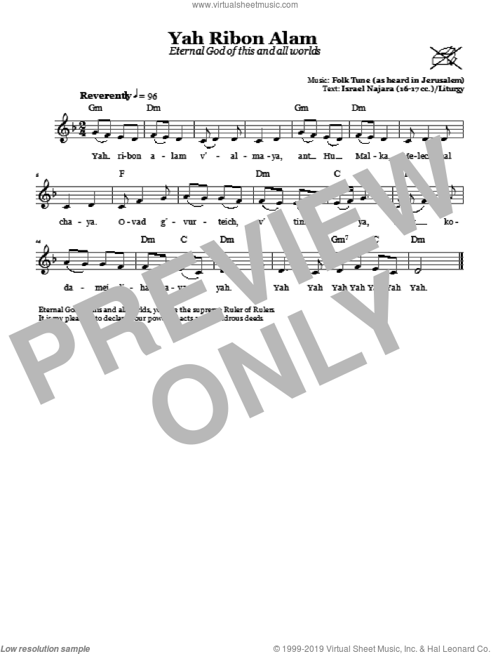 Yah Ribon Olam (Eternal God Of This And All Worlds) sheet music for voice and other instruments (fake book), intermediate skill level