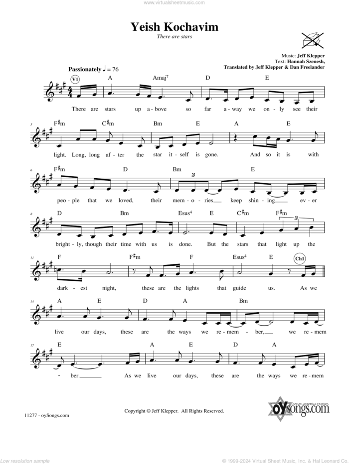 Yeish Kochavim (There Are Stars) sheet music for voice and other instruments (fake book) by Jeff Klepper, intermediate skill level