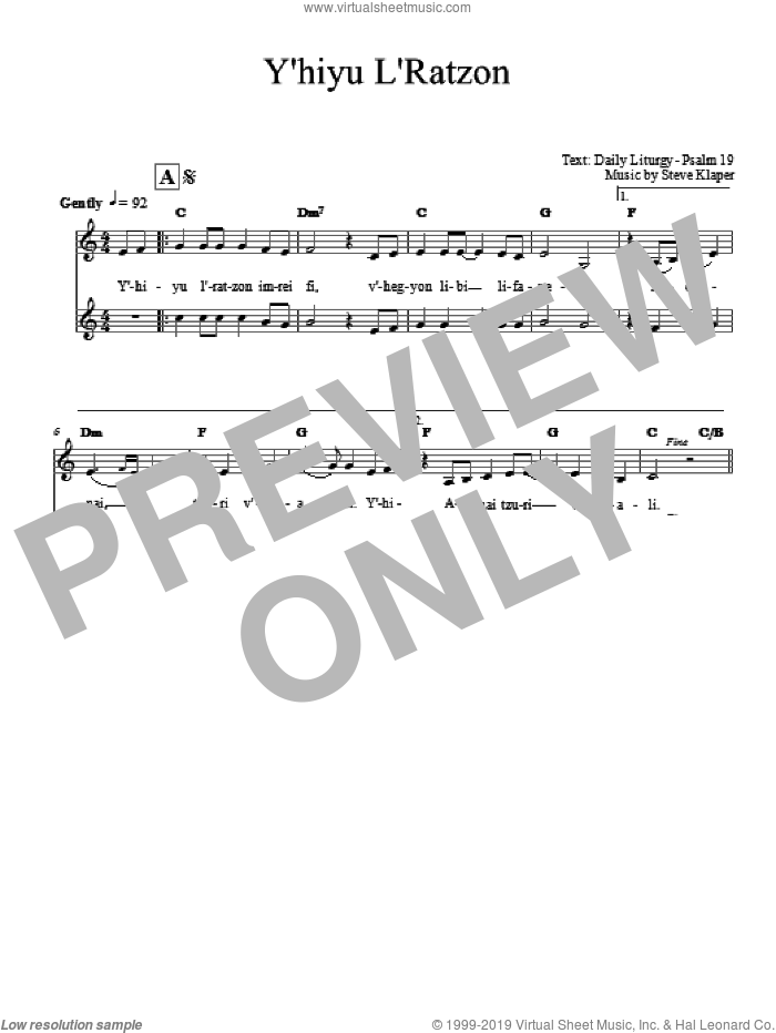 Yih'yu L'ratzon sheet music for voice and other instruments (fake book) by Steve Klaper, intermediate skill level