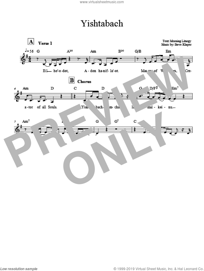 Yishtabach sheet music for voice and other instruments (fake book) by Steve Klaper, intermediate skill level
