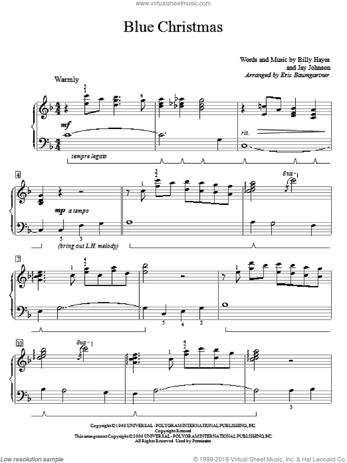 Blue Christmas sheet music for piano solo (elementary) by Elvis Presley, Eric Baumgartner, Billy Hayes and Jay Johnson, beginner piano (elementary)