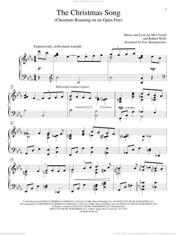 The Christmas Song (Chestnuts Roasting On An Open Fire) sheet music for piano solo (elementary) by Mel Torme, Eric Baumgartner and Robert Wells, beginner piano (elementary)