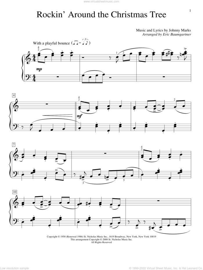 Rockin' Around The Christmas Tree sheet music for piano solo (elementary) by Brenda Lee and Johnny Marks, beginner piano (elementary)
