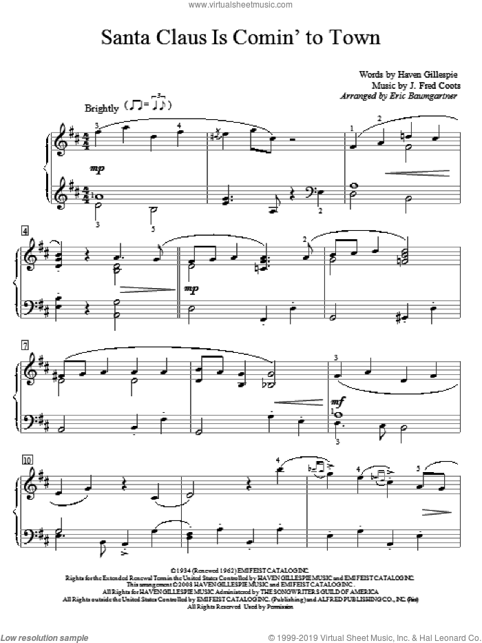 Santa Claus Is Comin' To Town sheet music for piano solo (elementary) by J. Fred Coots and Haven Gillespie, beginner piano (elementary)
