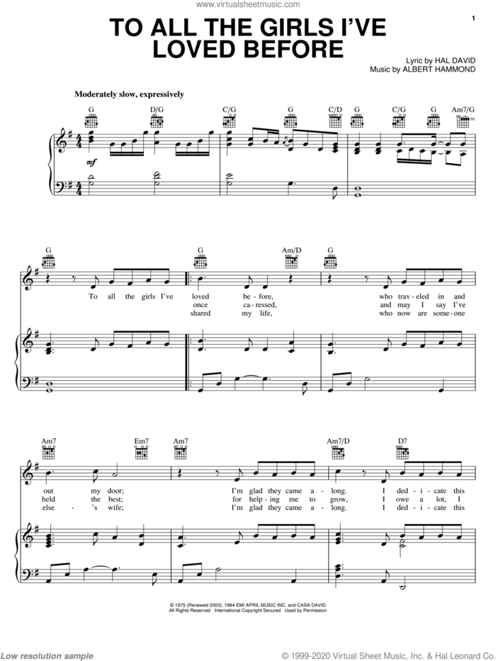 To All The Girls I've Loved Before sheet music for voice, piano or guitar by Julio Iglesias & Willie Nelson, Julio Iglesias, Willie Nelson, Albert Hammond and Hal David, intermediate skill level