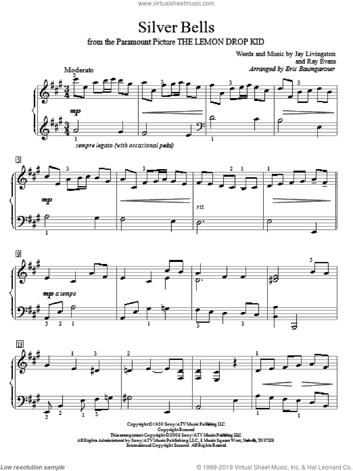 Silver Bells sheet music for piano solo (elementary) by Jay Livingston, Eric Baumgartner and Ray Evans, beginner piano (elementary)