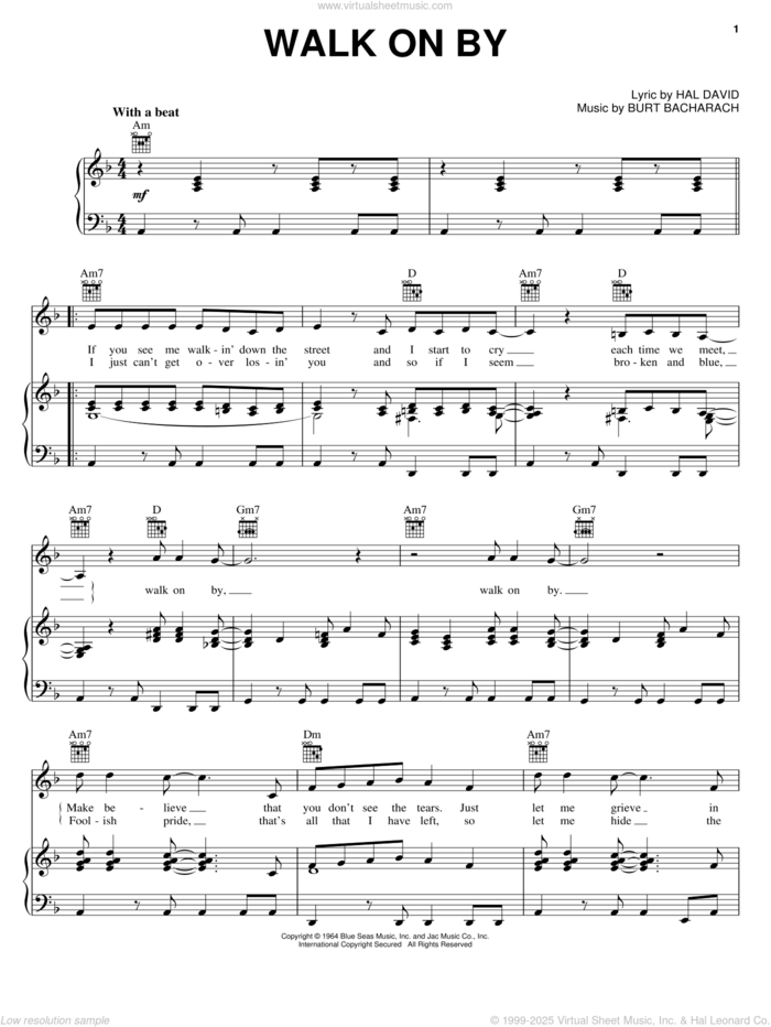 Walk On By sheet music for voice, piano or guitar by Dionne Warwick, Alicia Keys, Aretha Franklin, Bacharach & David, Isaac Hayes, Burt Bacharach and Hal David, intermediate skill level