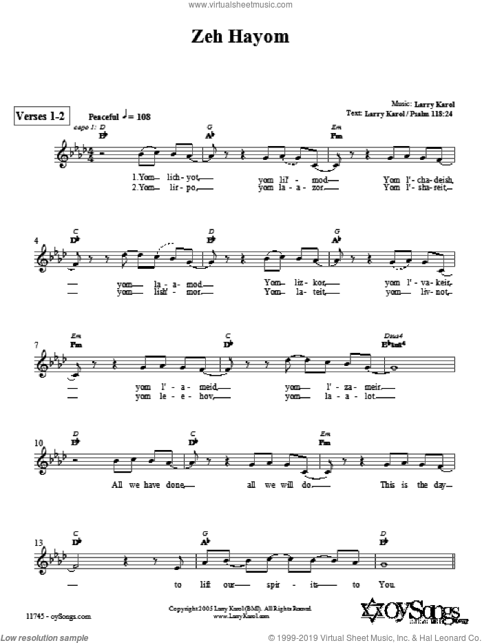 Zeh Hayom sheet music for voice and other instruments (fake book) by Larry Karol, intermediate skill level