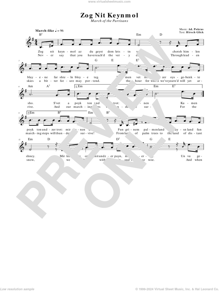 Zog Nit Keynmol (March Of The Partisans) sheet music for voice and other instruments (fake book) by Ad. Pokras, intermediate skill level