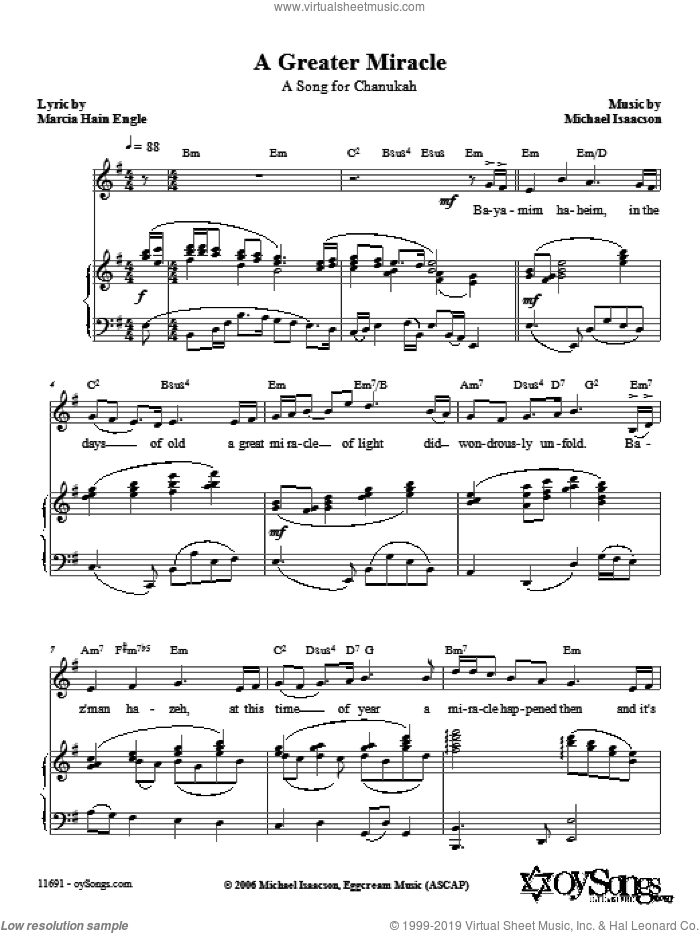 A Greater Miracle sheet music for voice, piano or guitar by Michael Isaacson and Marcia Hain Engle, intermediate skill level