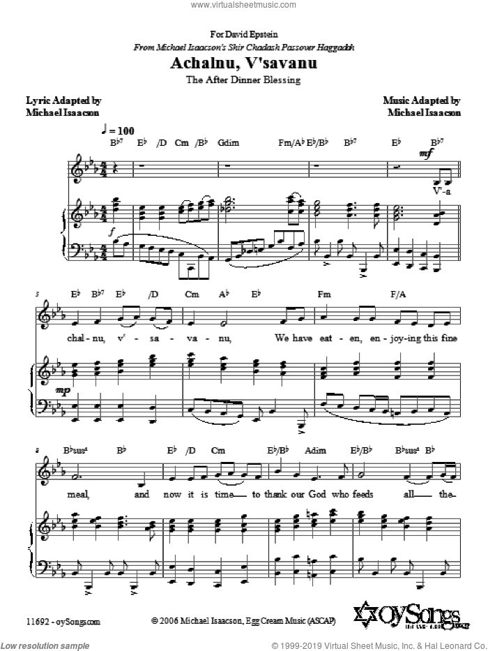 Achalnu V'savanu sheet music for voice, piano or guitar by Michael Isaacson, intermediate skill level