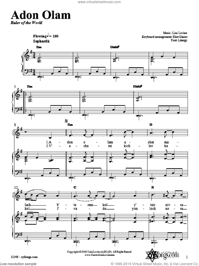 Adon Olam sheet music for voice, piano or guitar by Lisa Levine, intermediate skill level