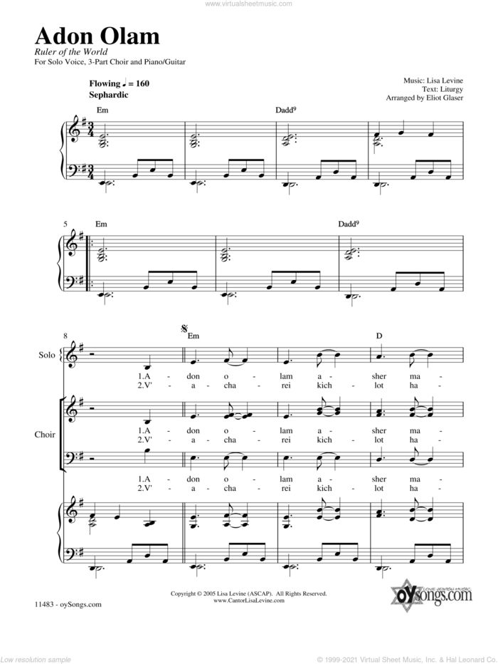 Adon Olam sheet music for voice, piano or guitar by Lisa Levine and Eliot Glaser, intermediate skill level