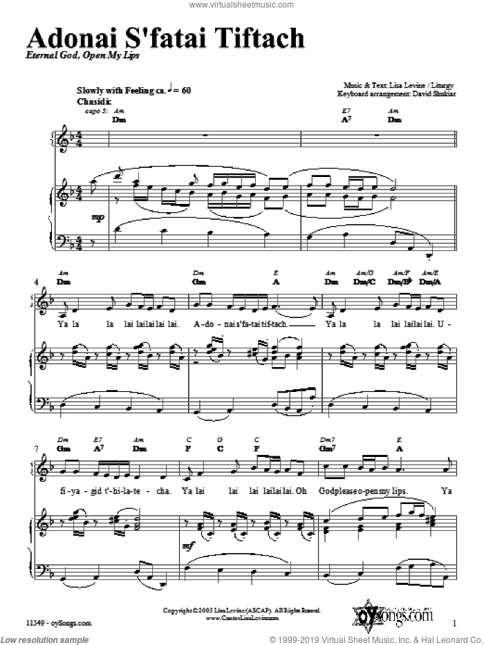 Adonai S'fatai Tiftach sheet music for voice, piano or guitar by Lisa Levine, intermediate skill level