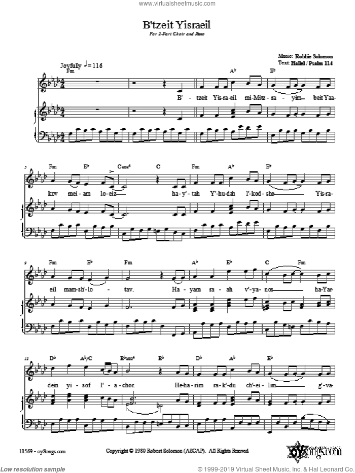 B'tzeit Yisraeil sheet music for voice, piano or guitar by Robbie Solomon, intermediate skill level